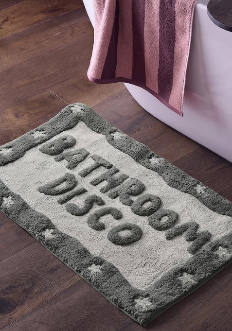Saffron Rugs Hand Tufted Cotton Bath Mat | Sage Green Rectangular | Anti Slip Backing | Retro Typography BATHMATS Bathroom Rug