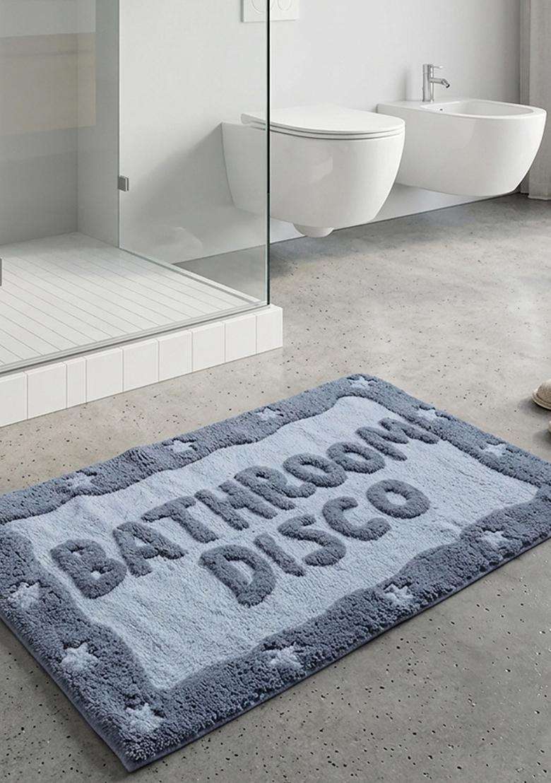 Saffron Rugs Hand Tufted Cotton Bath Mat | Blue Grey Rectangular | Anti Slip Backing | Retro Typography BATHMATS Bathroom Rug - Indya