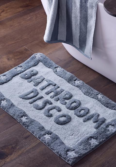 Saffron Rugs Hand Tufted Cotton Bath Mat | Blue Grey Rectangular | Anti Slip Backing | Retro Typography BATHMATS Bathroom Rug