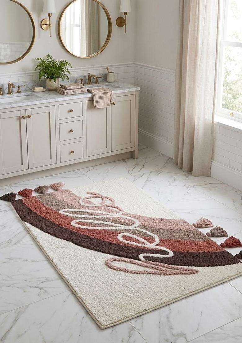 Saffron Rugs Hand Tufted Cotton Bath Mat | Cream Rectangular | Anti Slip Backing | Boho Typography BATHMATS Bathroom Rug - Indya