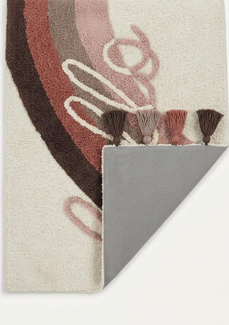 Saffron Rugs Hand Tufted Cotton Bath Mat | Cream Rectangular | Anti Slip Backing | Boho Typography BATHMATS Bathroom Rug - Indya