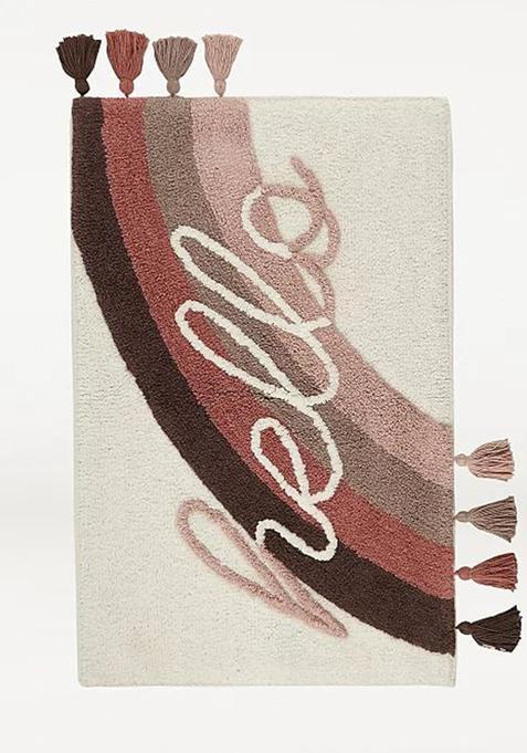 Saffron Rugs Hand Tufted Cotton Bath Mat | Cream Rectangular | Anti Slip Backing | Boho Typography BATHMATS Bathroom Rug