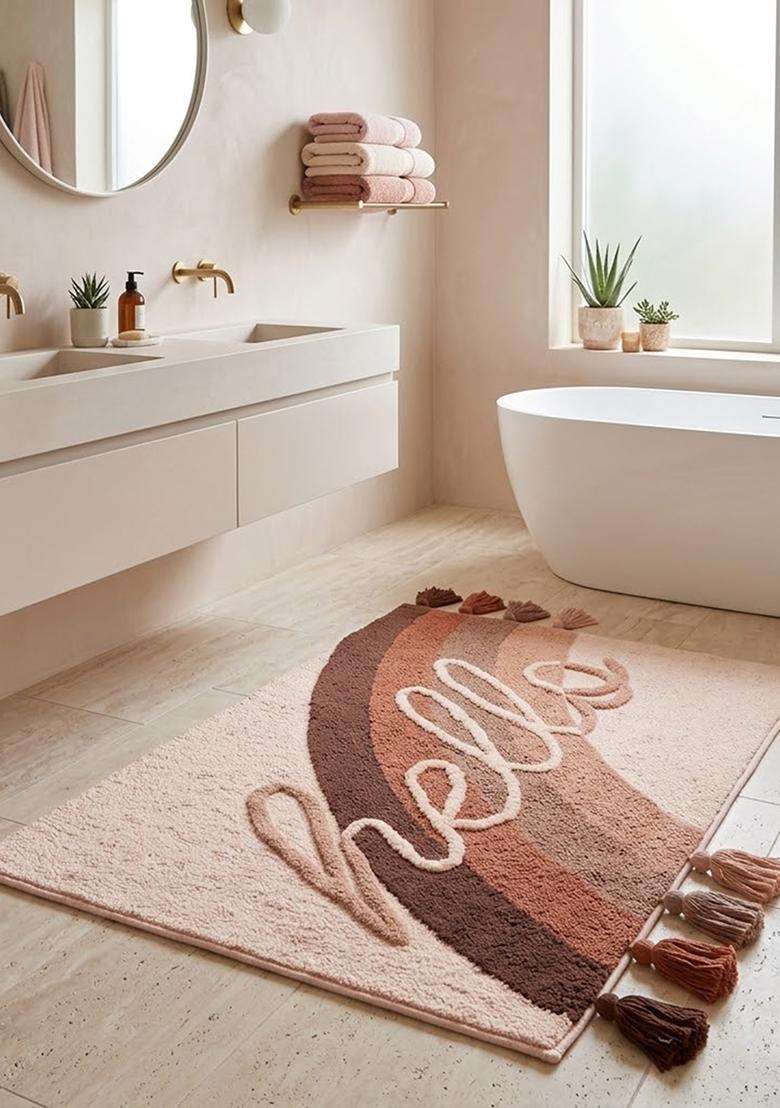 Saffron Rugs Hand Tufted Cotton Bath Mat | Peach Blush Rectangular | Anti Slip Backing | Boho Typography BATHMATS Bathroom Rug - Indya