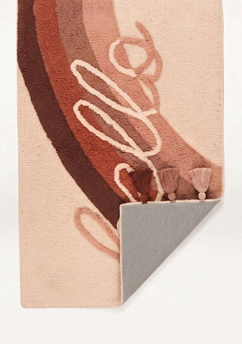 Saffron Rugs Hand Tufted Cotton Bath Mat | Peach Blush Rectangular | Anti Slip Backing | Boho Typography BATHMATS Bathroom Rug - Indya