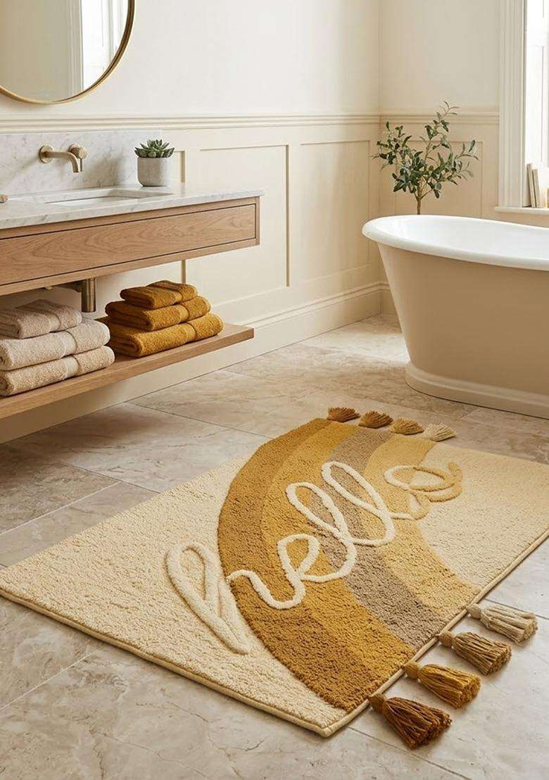 Saffron Rugs Hand Tufted Cotton Bath Mat | Mustard Yellow Rectangular | Anti Slip Backing | Boho Typography BATHMATS Bathroom Rug - Indya