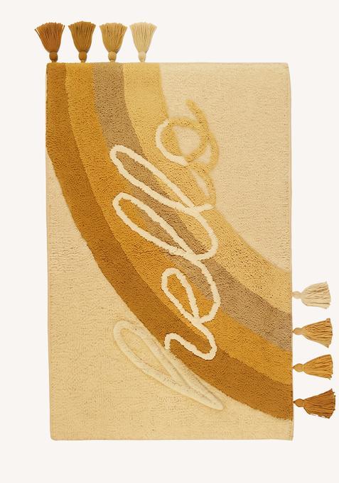 Saffron Rugs Hand Tufted Cotton Bath Mat | Mustard Yellow Rectangular | Anti Slip Backing | Boho Typography BATHMATS Bathroom Rug