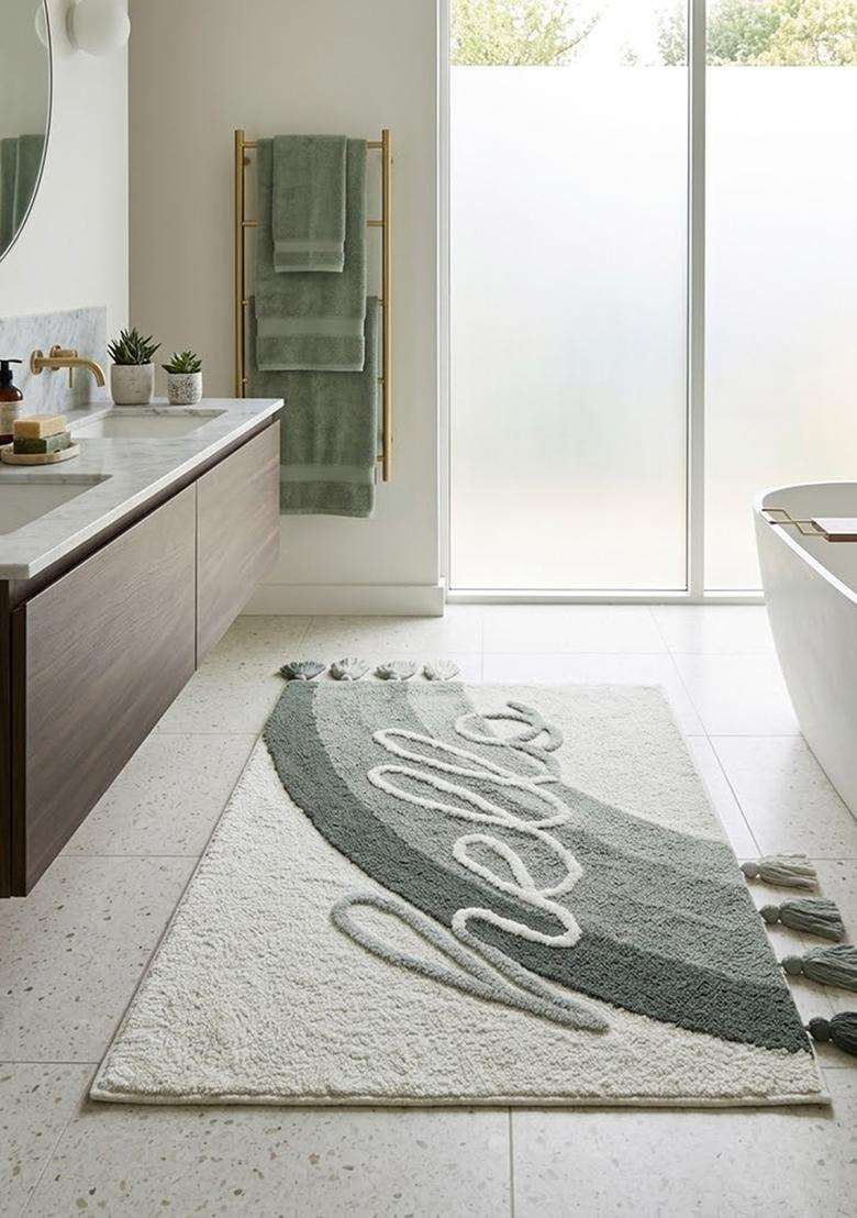 Saffron Rugs Hand Tufted Cotton Bath Mat | Light Grey Rectangular | Anti Slip Backing | Boho Typography BATHMATS Bathroom Rug - Indya