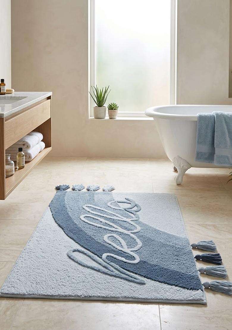 Saffron Rugs Hand Tufted Cotton Bath Mat | Blue Grey Rectangular | Anti Slip Backing | Boho Typography BATHMATS Bathroom Rug - Indya
