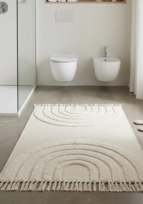 Saffron Rugs Hand Tufted Cotton Bath Mat | Ivory Cream Rectangular | Anti Slip Backing | Boho Kids Mats Bathroom Rug