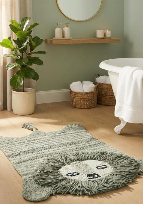 Saffron Rugs Hand Tufted Cotton Bath Mat | Sage Green Bear | Anti Slip Backing | Casual Kids Mats Bathroom Rug