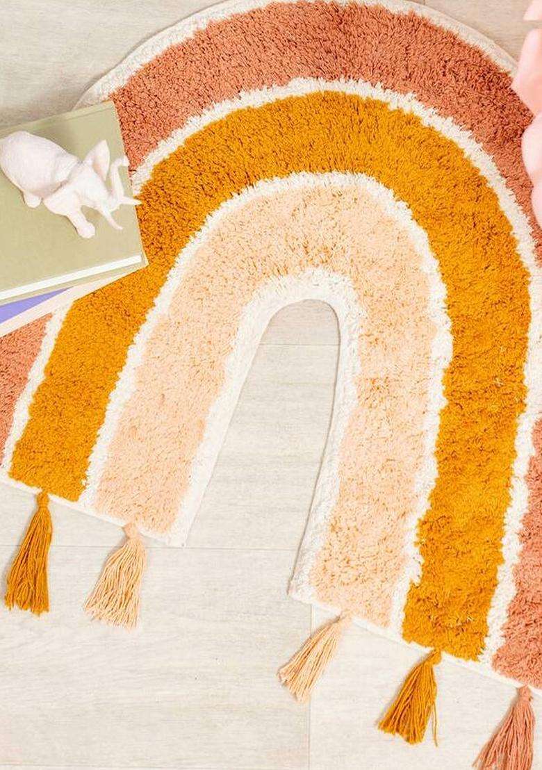 Saffron Rugs Hand Tufted Cotton Bath Mat | Multicolor Warm Tones U Shape | Anti Slip Backing | Boho Kids Mats Bathroom Rug - Indya