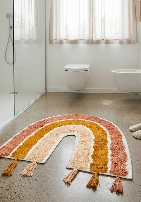 Saffron Rugs Hand Tufted Cotton Bath Mat | Multicolor Warm Tones U Shape | Anti Slip Backing | Boho Kids Mats Bathroom Rug