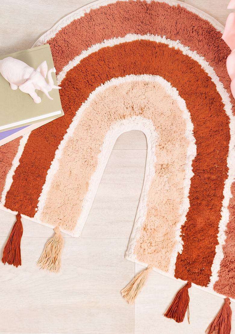 Saffron Rugs Hand Tufted Cotton Bath Mat | Terracotta Multicolor U Shape | Anti Slip Backing | Boho Kids Mats Bathroom Rug - Indya