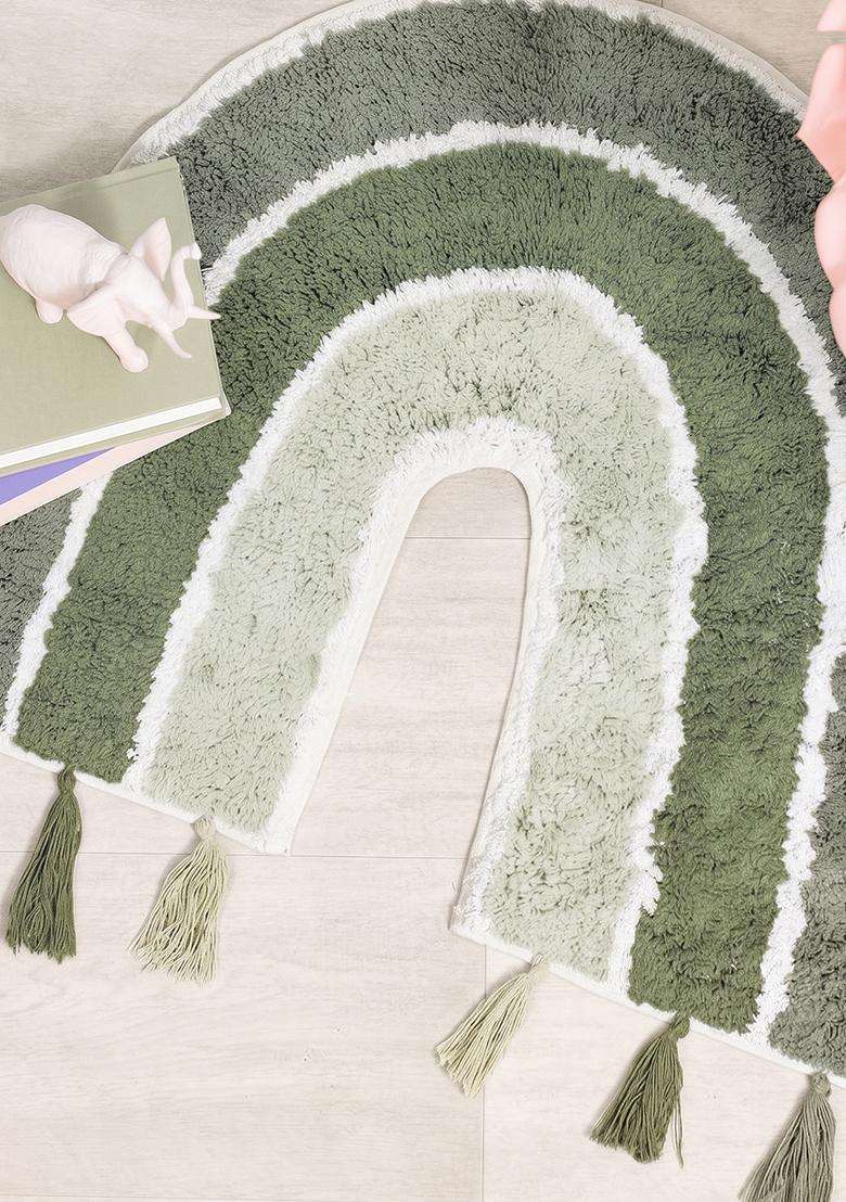 Saffron Rugs Hand Tufted Cotton Bath Mat | Sage Green U Shape | Anti Slip Backing | Boho Kids Mats Bathroom Rug - Indya