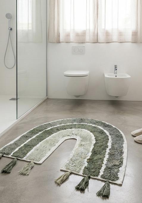 Saffron Rugs Hand Tufted Cotton Bath Mat | Sage Green U Shape | Anti Slip Backing | Boho Kids Mats Bathroom Rug