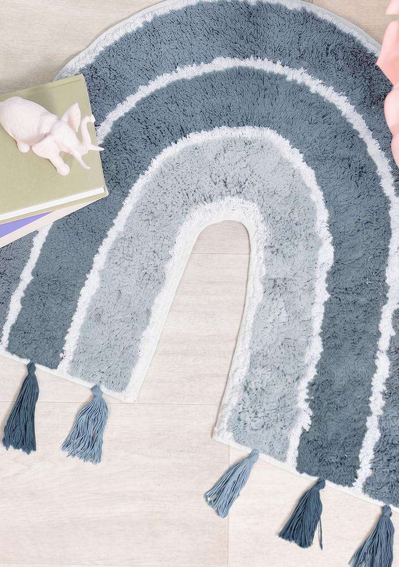 Saffron Rugs Hand Tufted Cotton Bath Mat | Blue Grey U Shape | Anti Slip Backing | Boho Kids Mats Bathroom Rug - Indya