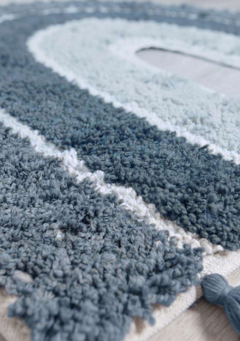 Saffron Rugs Hand Tufted Cotton Bath Mat | Blue Grey U Shape | Anti Slip Backing | Boho Kids Mats Bathroom Rug - Indya