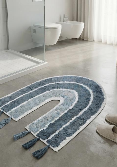 Saffron Rugs Hand Tufted Cotton Bath Mat | Blue Grey U Shape | Anti Slip Backing | Boho Kids Mats Bathroom Rug