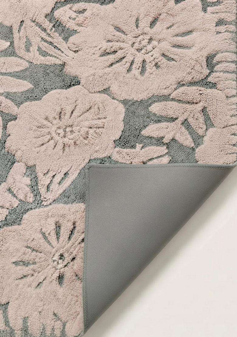 Saffron Rugs Hand Tufted Cotton Bath Mat | Blush Pink Sage Rectangular | Anti Slip Backing | Bohemian Floral Bathroom Rug - Indya