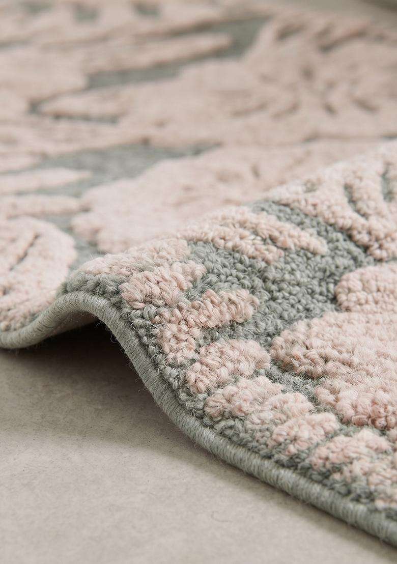Saffron Rugs Hand Tufted Cotton Bath Mat | Blush Pink Sage Rectangular | Anti Slip Backing | Bohemian Floral Bathroom Rug - Indya