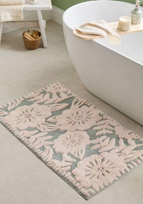 Saffron Rugs Hand Tufted Cotton Bath Mat | Blush Pink Sage Rectangular | Anti Slip Backing | Bohemian Floral Bathroom Rug