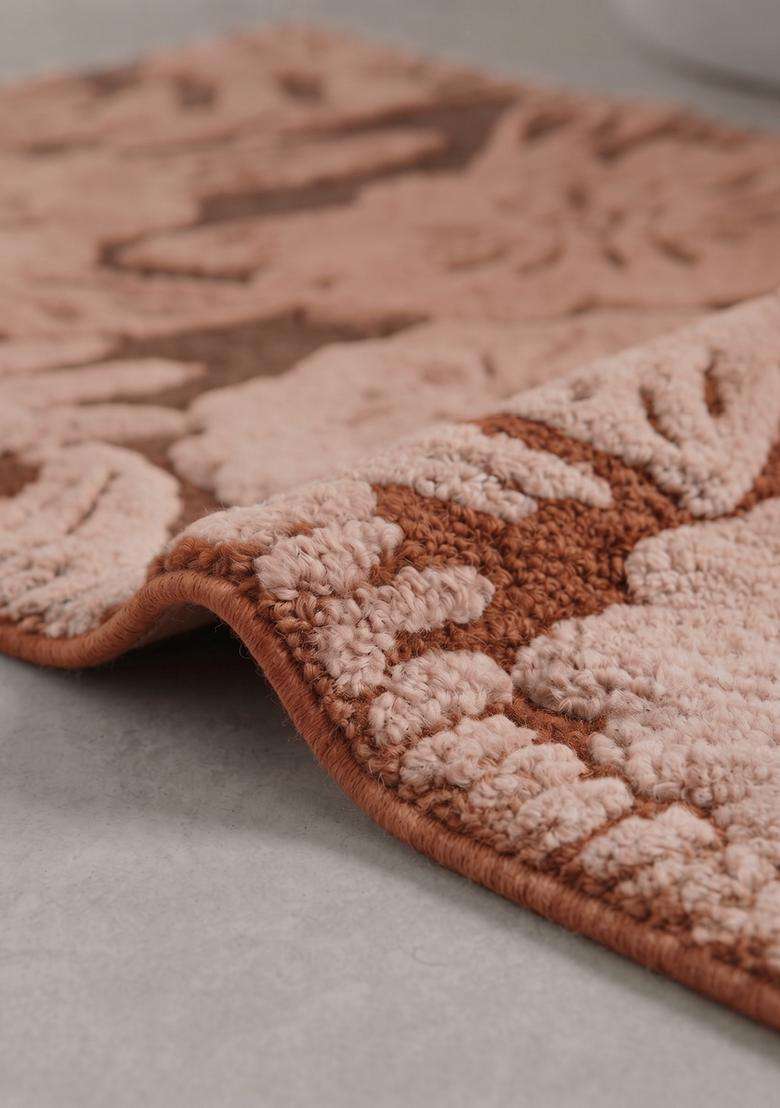 Saffron Rugs Hand Tufted Cotton Bath Mat | Terracotta Brown Rectangular | Anti Slip Backing | Bohemian Floral Bathroom Rug - Indya