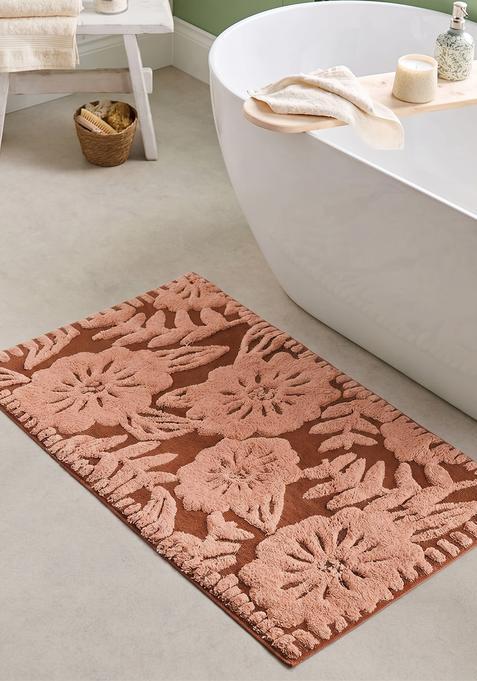 Saffron Rugs Hand Tufted Cotton Bath Mat | Terracotta Brown Rectangular | Anti Slip Backing | Bohemian Floral Bathroom Rug