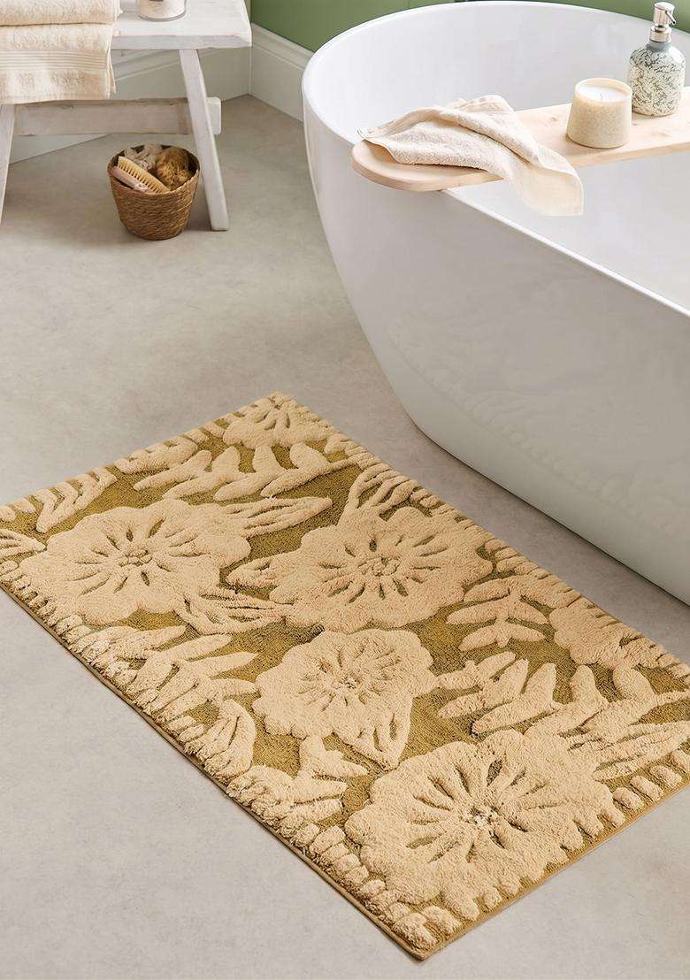 Saffron Rugs Hand Tufted Cotton Bath Mat | Olive Gold Rectangular | Anti Slip Backing | Bohemian Floral Bathroom Rug - Indya