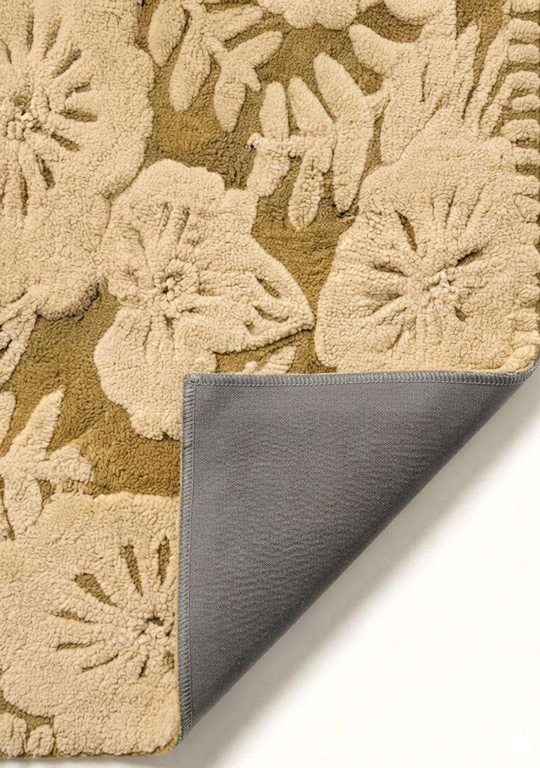 Saffron Rugs Hand Tufted Cotton Bath Mat | Olive Gold Rectangular | Anti Slip Backing | Bohemian Floral Bathroom Rug - Indya