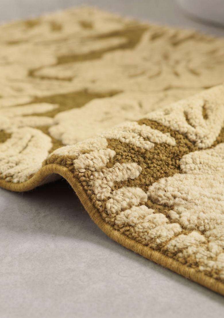 Saffron Rugs Hand Tufted Cotton Bath Mat | Olive Gold Rectangular | Anti Slip Backing | Bohemian Floral Bathroom Rug - Indya