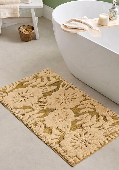 Saffron Rugs Hand Tufted Cotton Bath Mat | Olive Gold Rectangular | Anti Slip Backing | Bohemian Floral Bathroom Rug