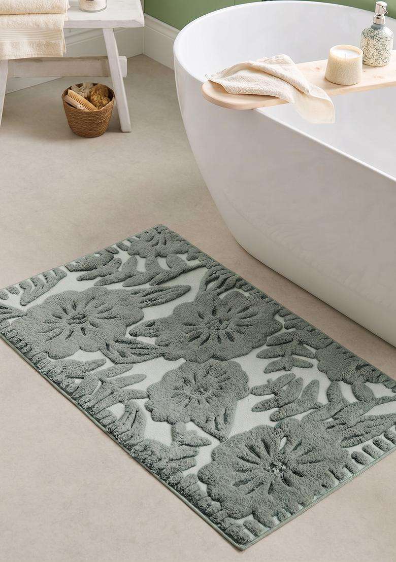 Saffron Rugs Hand Tufted Cotton Bath Mat | Sage Green Rectangular | Anti Slip Backing | Bohemian Floral Bathroom Rug - Indya
