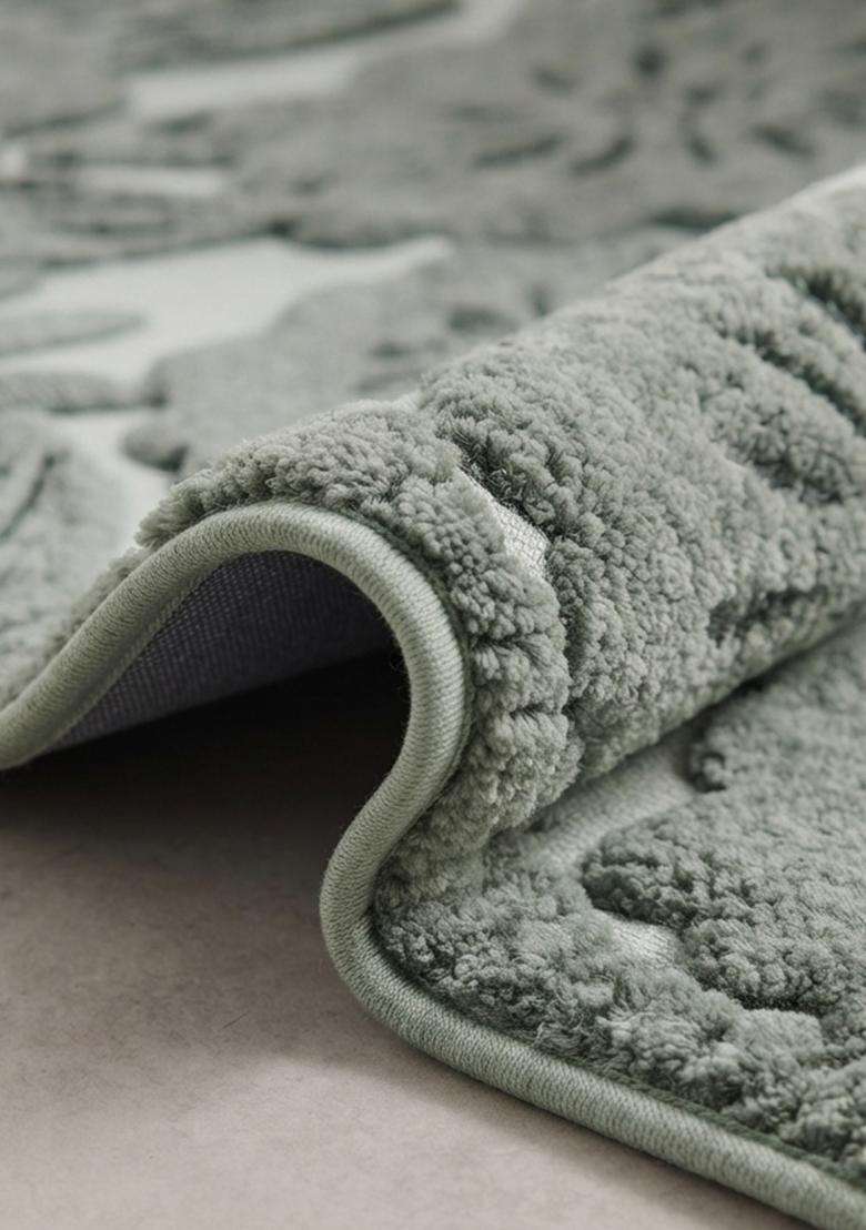 Saffron Rugs Hand Tufted Cotton Bath Mat | Sage Green Rectangular | Anti Slip Backing | Bohemian Floral Bathroom Rug - Indya