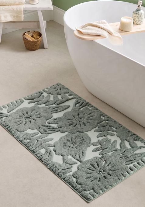 Saffron Rugs Hand Tufted Cotton Bath Mat | Sage Green Rectangular | Anti Slip Backing | Bohemian Floral Bathroom Rug