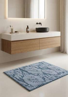 Saffron Rugs Hand Tufted Cotton Bath Mat | Dusty Blue Rectangular | Anti Slip Backing | Bohemian Floral Bathroom Rug