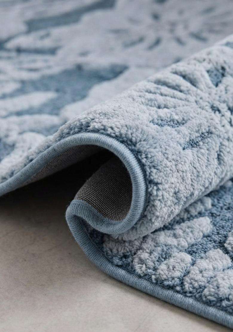 Saffron Rugs Hand Tufted Cotton Bath Mat | Dusty Blue Rectangular | Anti Slip Backing | Bohemian Floral Bathroom Rug - Indya