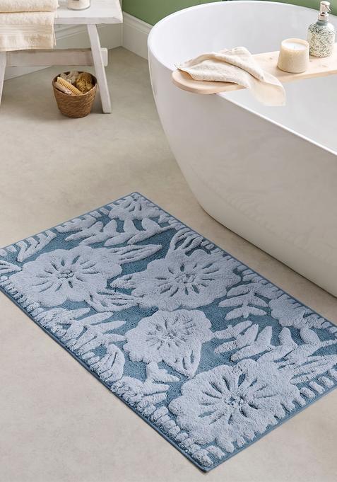 Saffron Rugs Hand Tufted Cotton Bath Mat | Dusty Blue Rectangular | Anti Slip Backing | Bohemian Floral Bathroom Rug