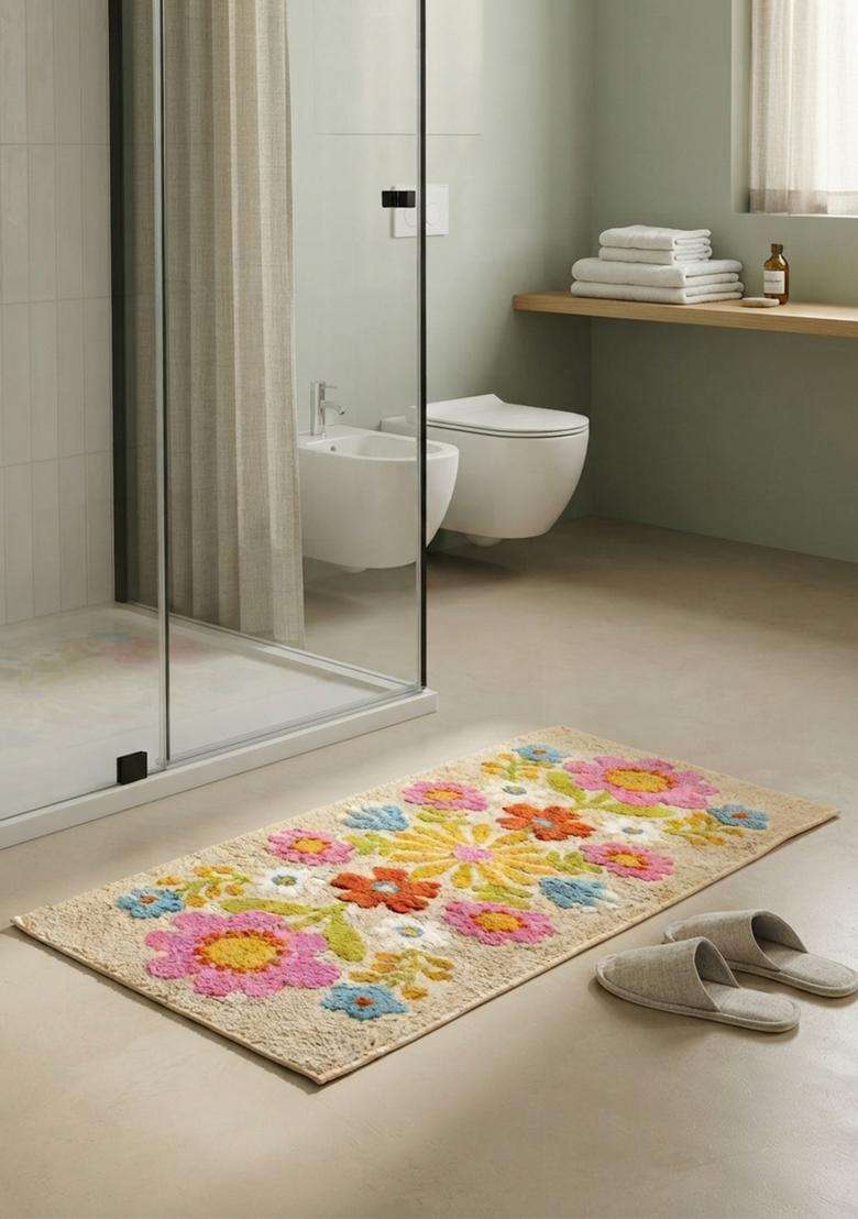 Saffron Rugs Hand Tufted Cotton Bath Mat | Multicolor Floral Rectangular | Anti Slip Backing | Bohemian Floral Bathroom Rug - Indya