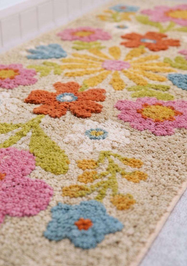 Saffron Rugs Hand Tufted Cotton Bath Mat | Multicolor Floral Rectangular | Anti Slip Backing | Bohemian Floral Bathroom Rug - Indya