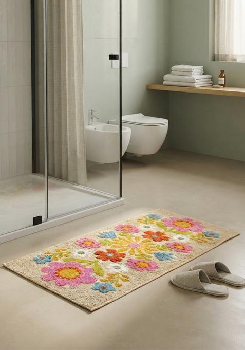 Saffron Rugs Hand Tufted Cotton Bath Mat | Multicolor Floral Rectangular | Anti Slip Backing | Bohemian Floral Bathroom Rug