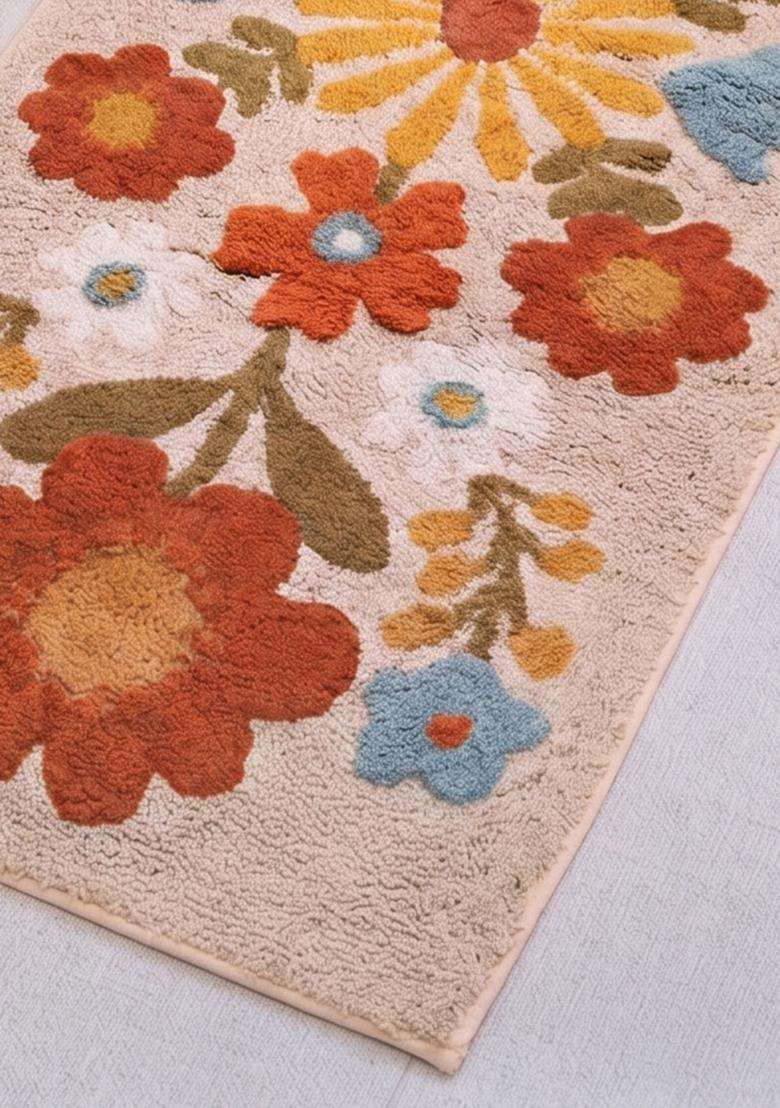 Saffron Rugs Hand Tufted Cotton Bath Mat | Cream Beige Rectangular | Anti Slip Backing | Bohemian Floral Bathroom Rug - Indya