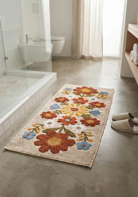 Saffron Rugs Hand Tufted Cotton Bath Mat | Cream Beige Rectangular | Anti Slip Backing | Bohemian Floral Bathroom Rug