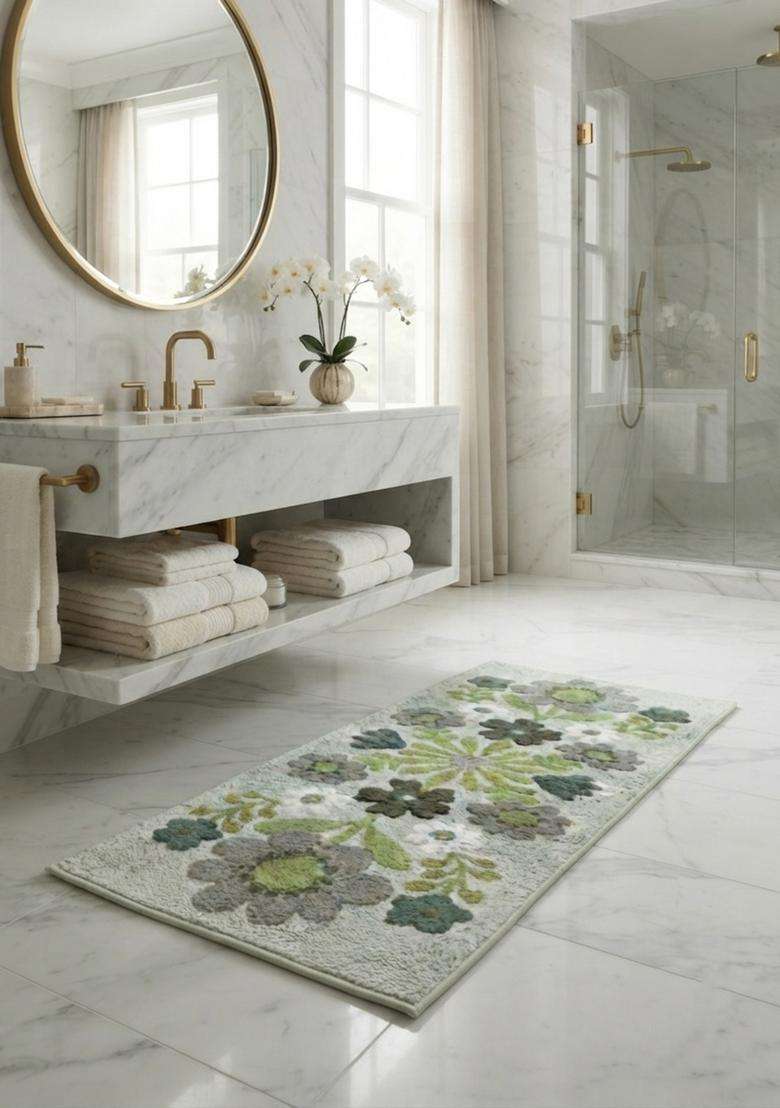 Saffron Rugs Hand Tufted Cotton Bath Mat | Grey Green Rectangular | Anti Slip Backing | Bohemian Floral Bathroom Rug - Indya
