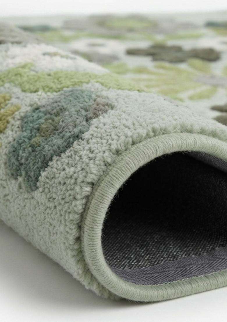 Saffron Rugs Hand Tufted Cotton Bath Mat | Grey Green Rectangular | Anti Slip Backing | Bohemian Floral Bathroom Rug - Indya