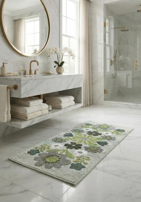 Saffron Rugs Hand Tufted Cotton Bath Mat | Grey Green Rectangular | Anti Slip Backing | Bohemian Floral Bathroom Rug