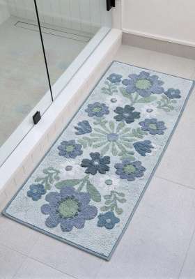 Saffron Rugs Hand Tufted Cotton Bath Mat | Light Blue Rectangular | Anti Slip Backing | Bohemian Floral Bathroom Rug