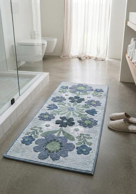 Saffron Rugs Hand Tufted Cotton Bath Mat | Light Blue Rectangular | Anti Slip Backing | Bohemian Floral Bathroom Rug