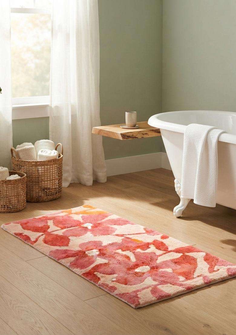 Saffron Rugs Hand Tufted Cotton Bath Mat | Pink Coral Rectangular | Anti Slip Backing | Contemporary Floral Bathroom Rug - Indya