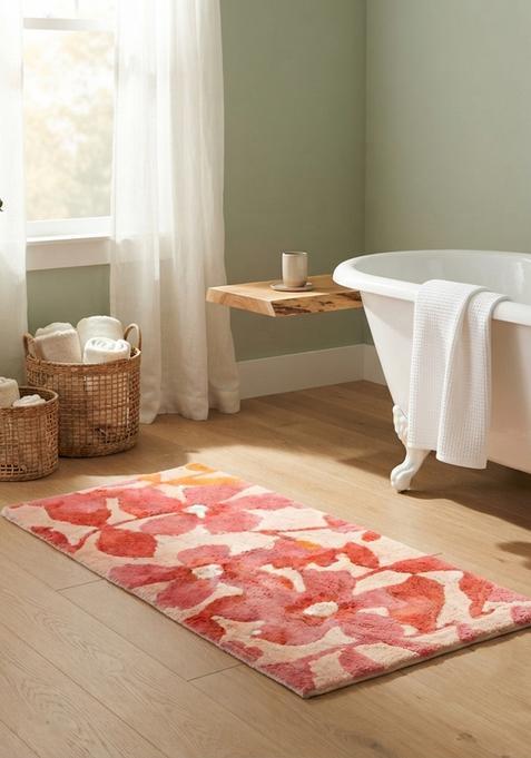 Saffron Rugs Hand Tufted Cotton Bath Mat | Pink Coral Rectangular | Anti Slip Backing | Contemporary Floral Bathroom Rug