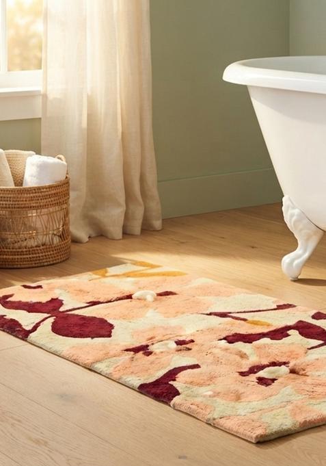 Saffron Rugs Hand Tufted Cotton Bath Mat | Peach Rectangular | Anti Slip Backing | Contemporary Floral Bathroom Rug